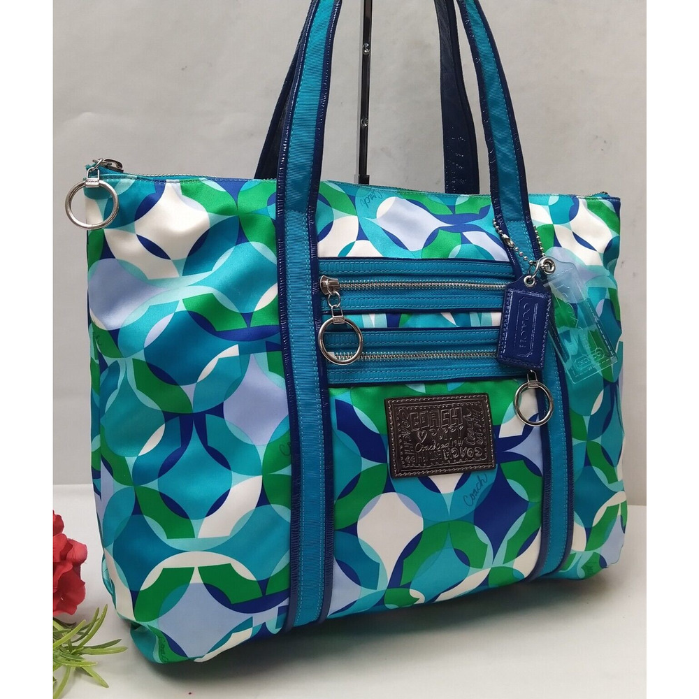 Coach Poppy Multicolor Canvas Leather Trim Zipper Pocket Tote Shoulder Bag - Picture 2 of 16